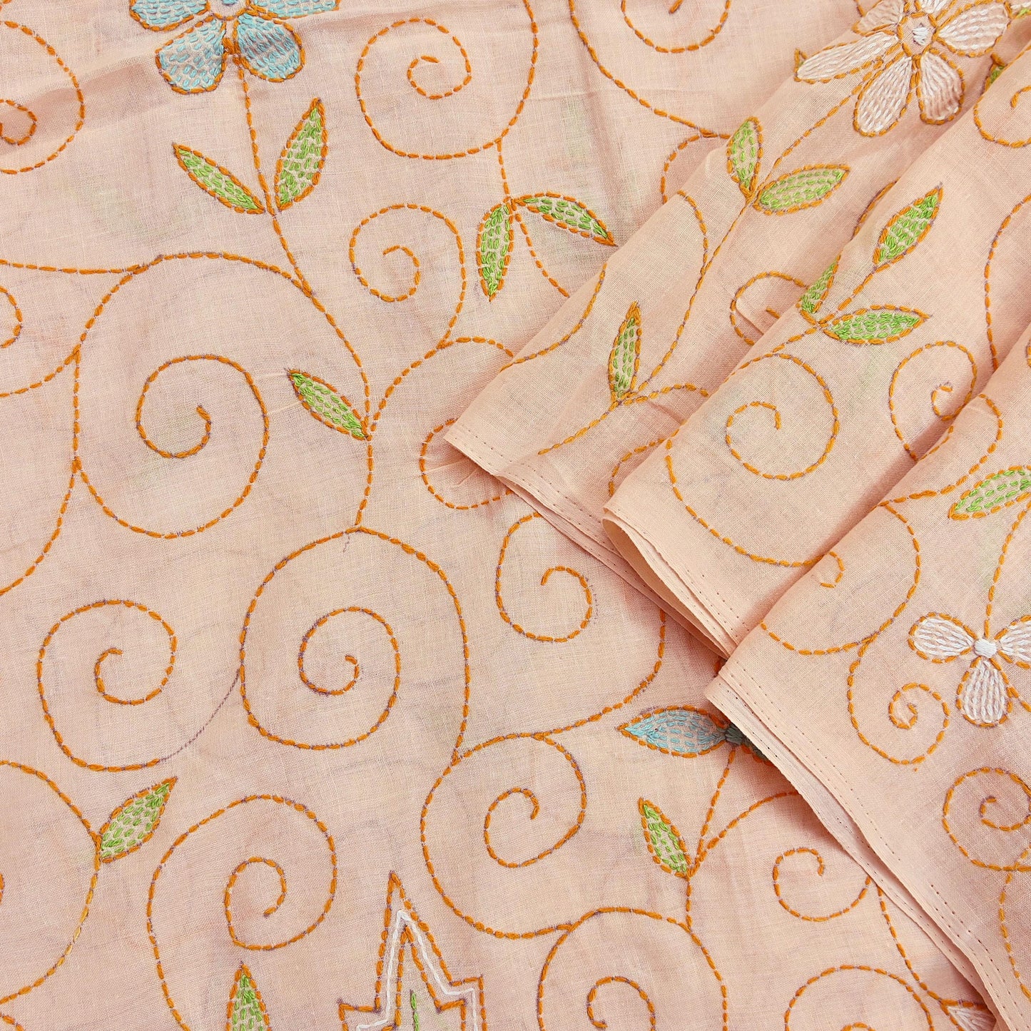 Indian Vintage Dupatta Peach Long Stole Pure Cotton Hand Embroidered Kantha Scarves Veil Scarf Wrap For Women's