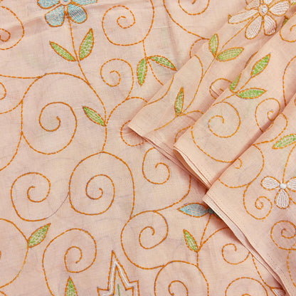 Indian Vintage Dupatta Peach Long Stole Pure Cotton Hand Embroidered Kantha Scarves Veil Scarf Wrap For Women's
