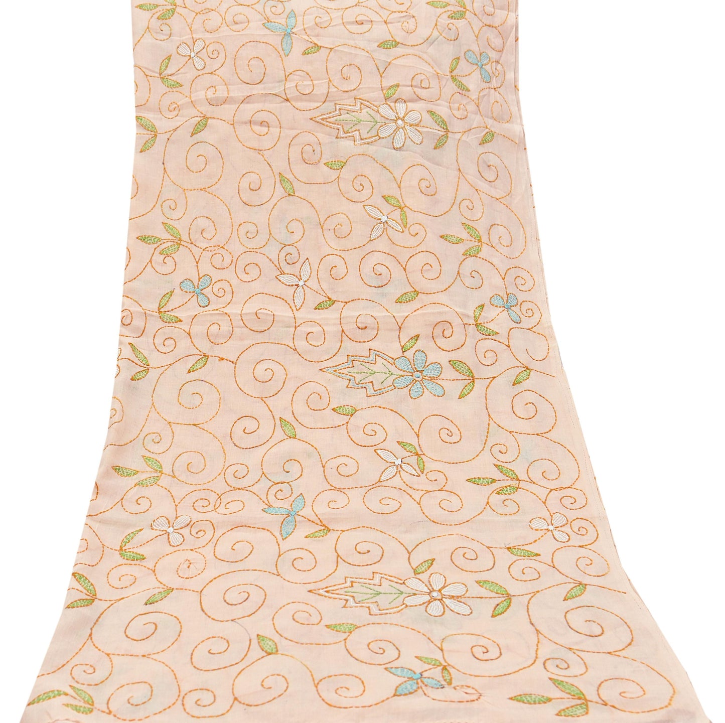 Indian Vintage Dupatta Peach Long Stole Pure Cotton Hand Embroidered Kantha Scarves Veil Scarf Wrap For Women's