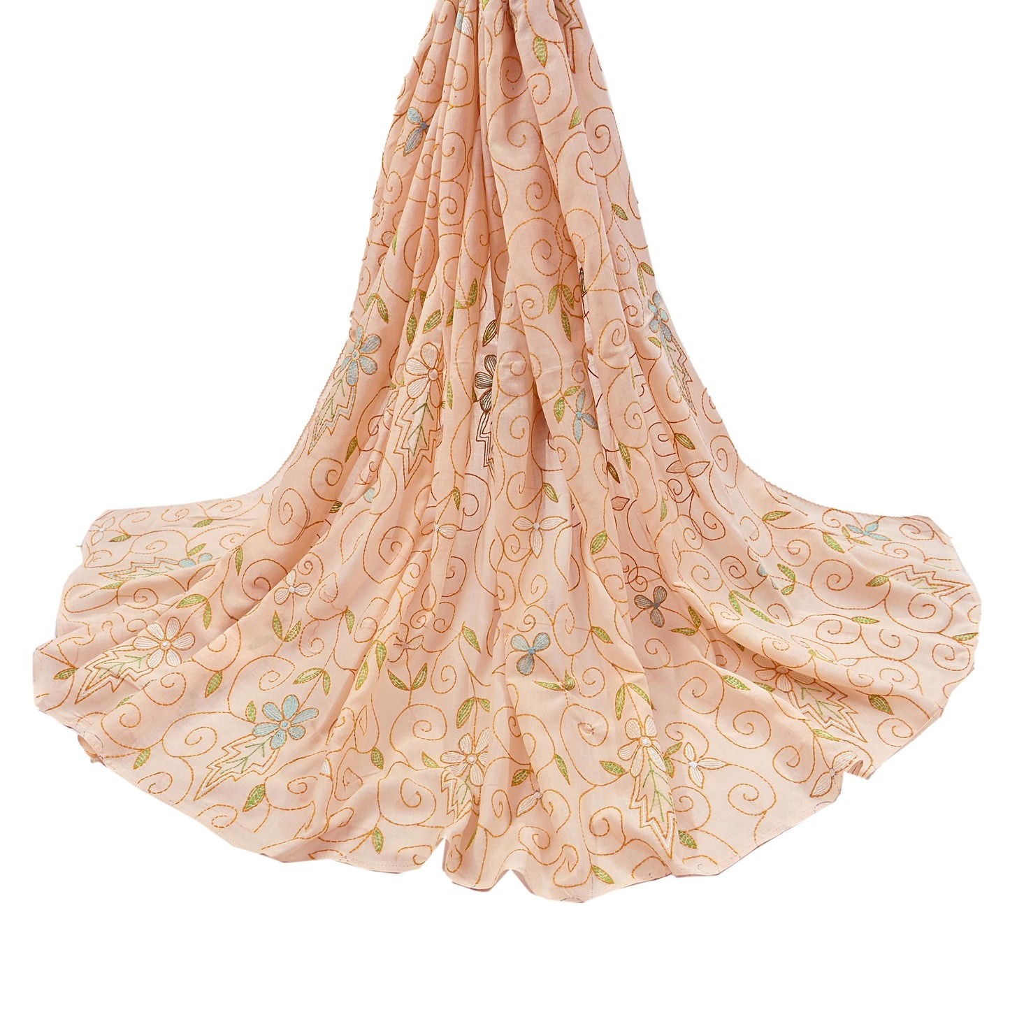 Indian Vintage Dupatta Peach Long Stole Pure Cotton Hand Embroidered Kantha Scarves Veil Scarf Wrap For Women's