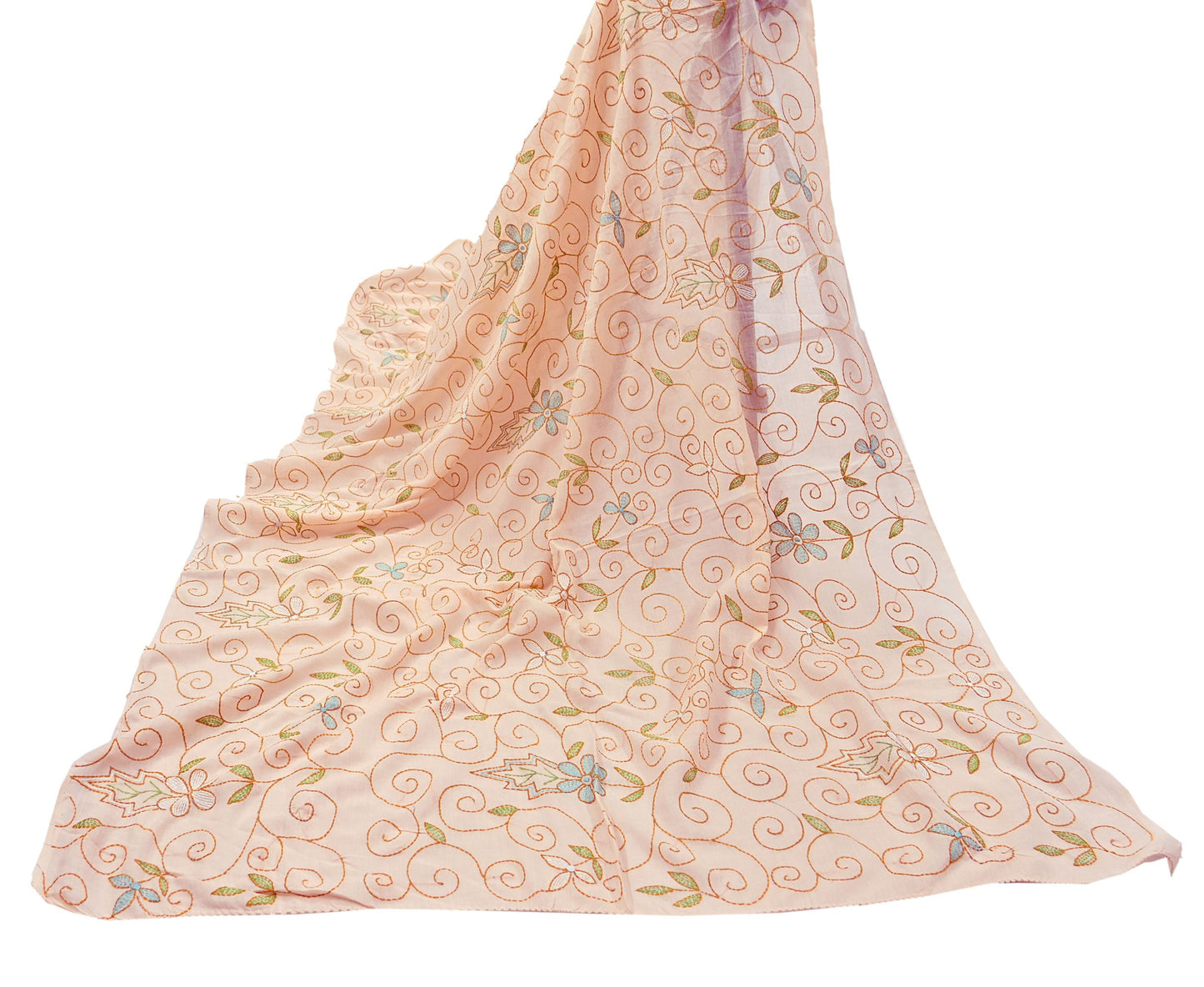 Indian Vintage Dupatta Peach Long Stole Pure Cotton Hand Embroidered Kantha Scarves Veil Scarf Wrap For Women's
