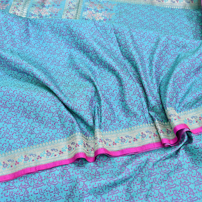 Indian Vintage Sari Blue Heavy Pure Silk Woven Banarasi Brocade Saree Fabric 5Yd Ethnic Dress making Crafting Bollywood Dress Designing