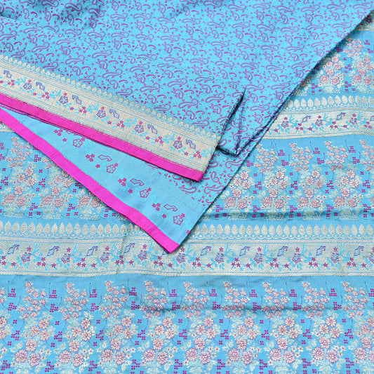 Indian Vintage Sari Blue Heavy Pure Silk Woven Banarasi Brocade Saree Fabric 5Yd Ethnic Dress making Crafting Bollywood Dress Designing