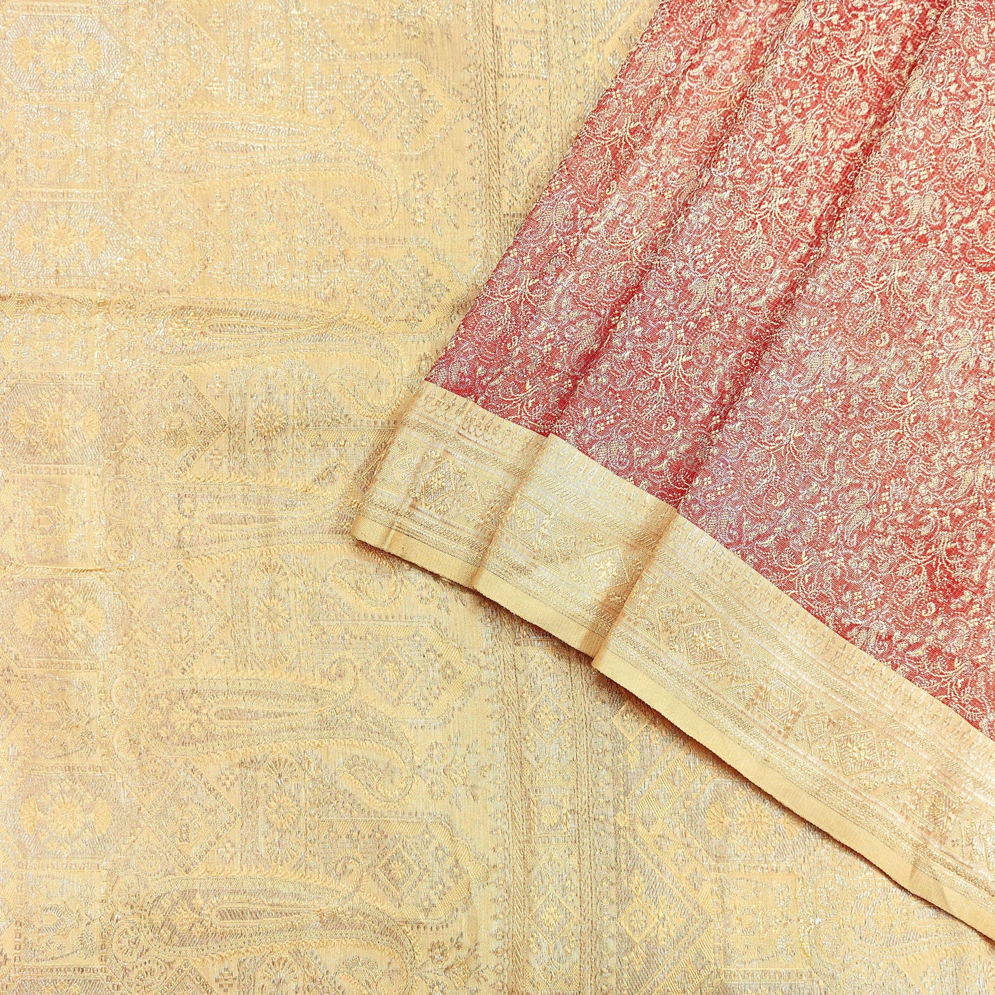 Indian Vintage Sari Rusty & beige Heavy Pure Satin Silk Woven Banarasi Tanchoi Saree 5Yd Ethnic Craft Fabric Upcycle Bridal Heavy Sarees