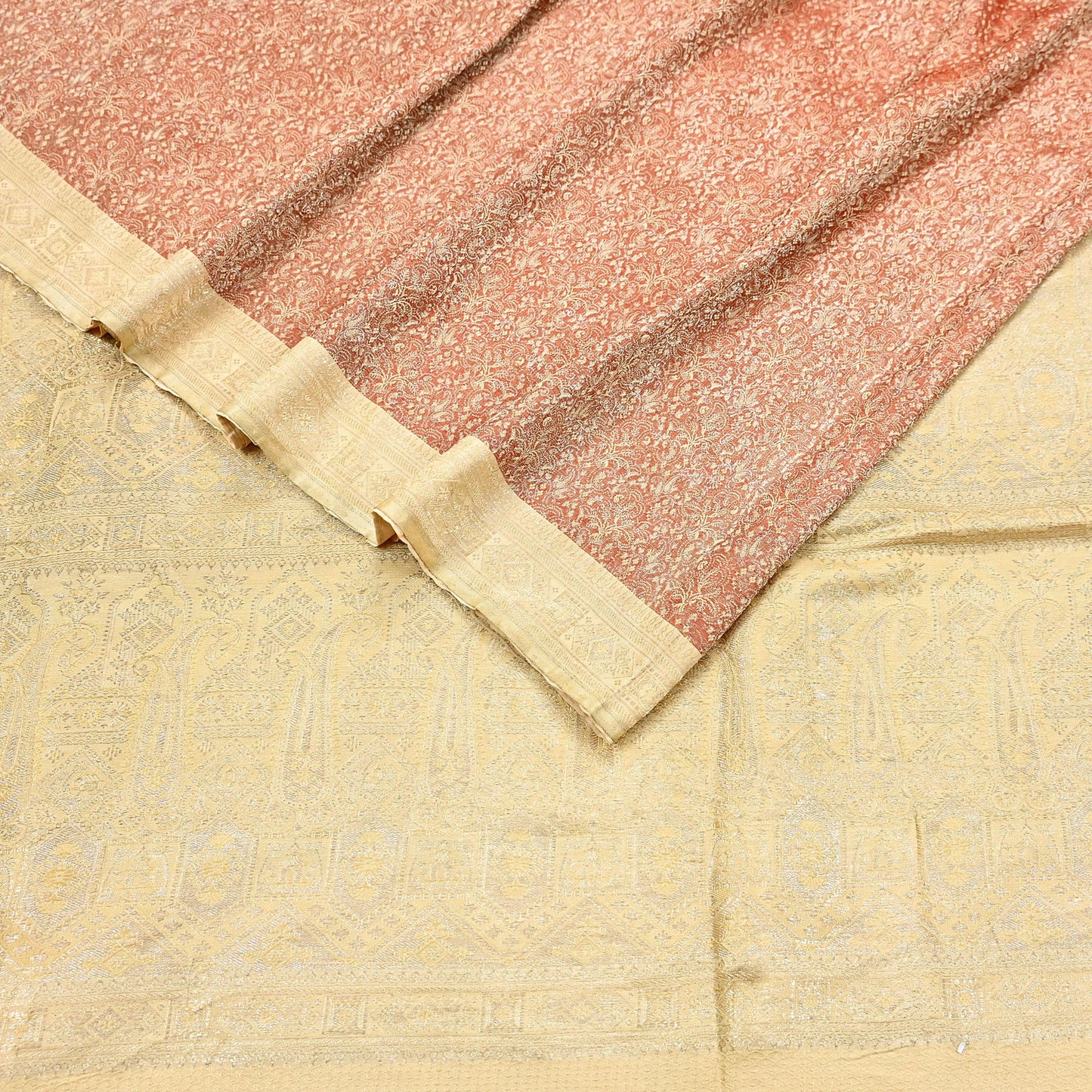 Indian Vintage Sari Rusty & beige Heavy Pure Satin Silk Woven Banarasi Tanchoi Saree 5Yd Ethnic Craft Fabric Upcycle Bridal Heavy Sarees