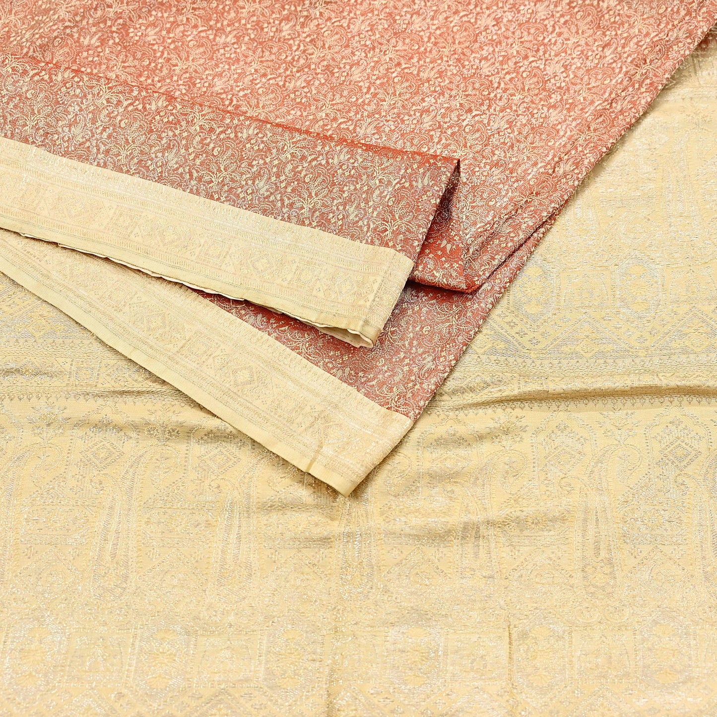 Indian Vintage Sari Rusty & beige Heavy Pure Satin Silk Woven Banarasi Tanchoi Saree 5Yd Ethnic Craft Fabric Upcycle Bridal Heavy Sarees