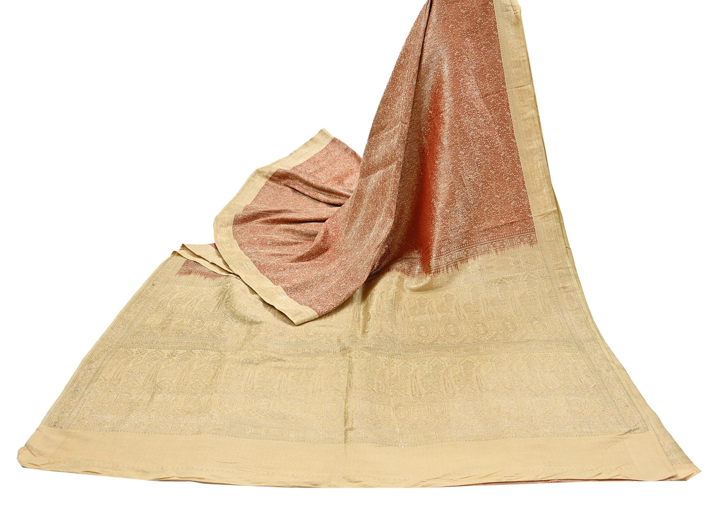 Indian Vintage Sari Rusty & beige Heavy Pure Satin Silk Woven Banarasi Tanchoi Saree 5Yd Ethnic Craft Fabric Upcycle Bridal Heavy Sarees