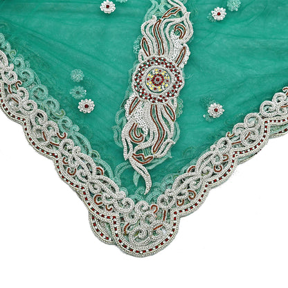 Indian Vintage Heavy Bridal Green Dupatta Net Mesh Long Stole Hand Embroidered Scarves Zardozi Dabka Zari Wedding dupatta veil hijab