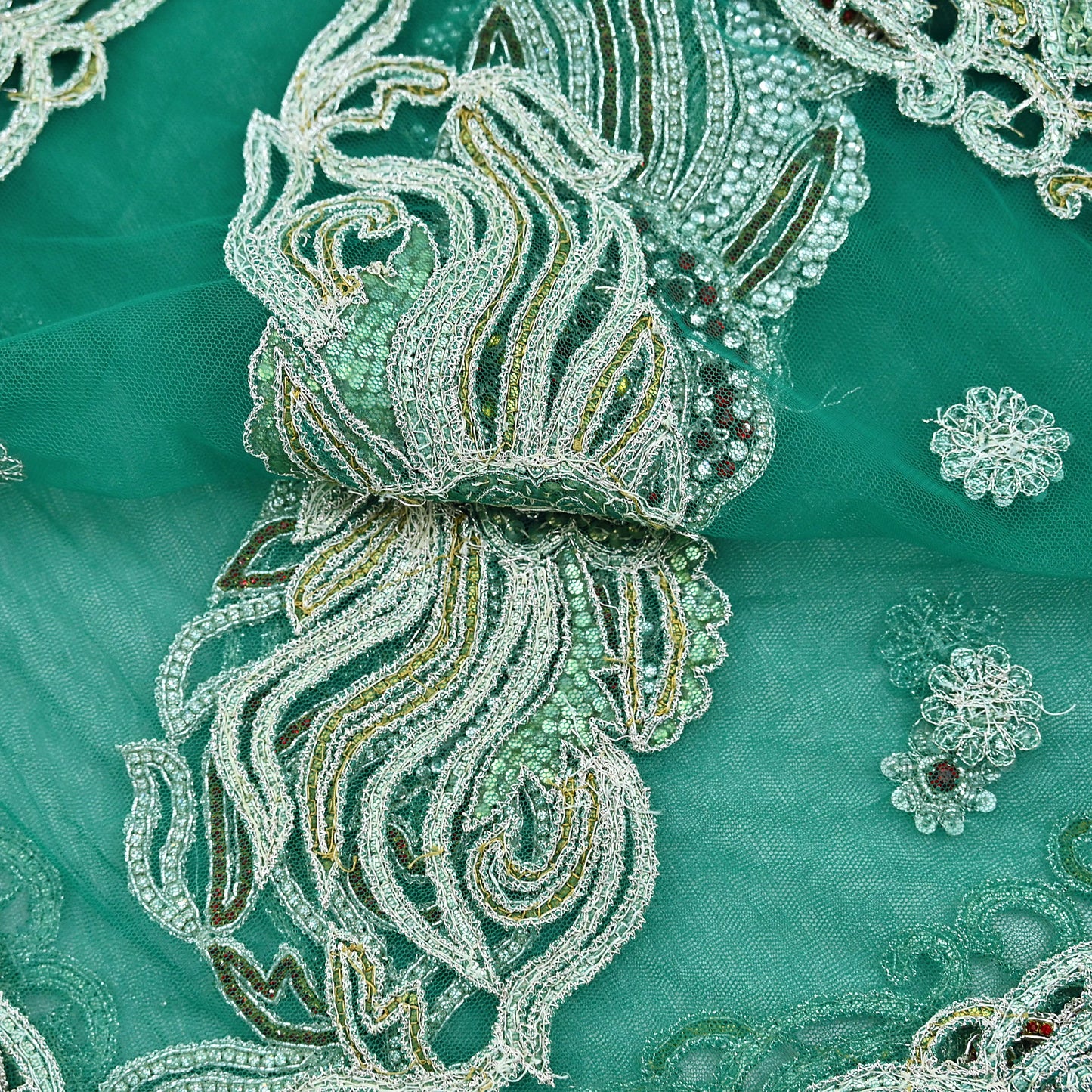 Indian Vintage Heavy Bridal Green Dupatta Net Mesh Long Stole Hand Embroidered Scarves Zardozi Dabka Zari Wedding dupatta veil hijab