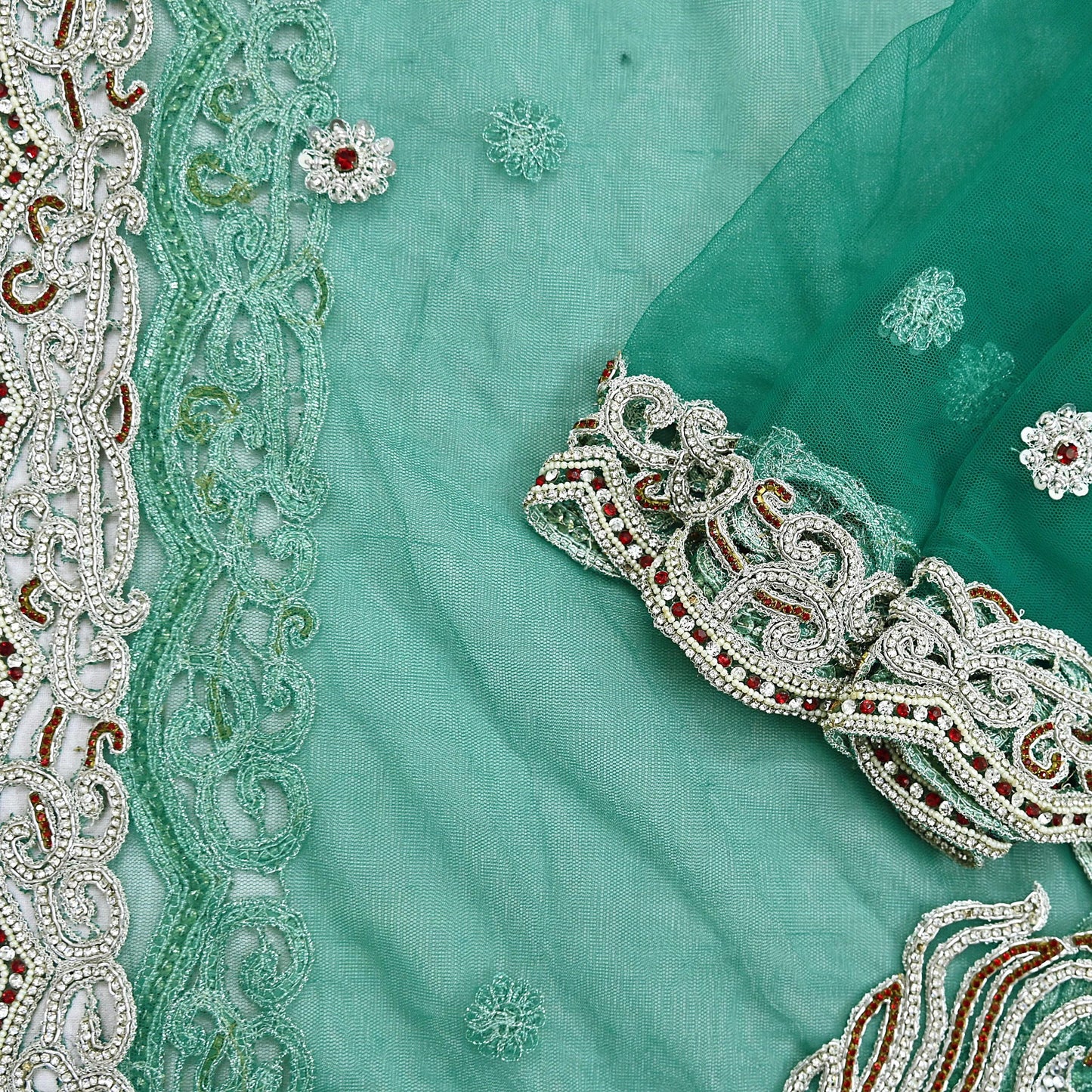 Indian Vintage Heavy Bridal Green Dupatta Net Mesh Long Stole Hand Embroidered Scarves Zardozi Dabka Zari Wedding dupatta veil hijab