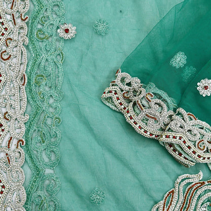 Indian Vintage Heavy Bridal Green Dupatta Net Mesh Long Stole Hand Embroidered Scarves Zardozi Dabka Zari Wedding dupatta veil hijab