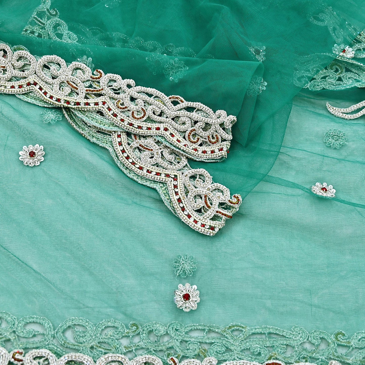 Indian Vintage Heavy Bridal Green Dupatta Net Mesh Long Stole Hand Embroidered Scarves Zardozi Dabka Zari Wedding dupatta veil hijab