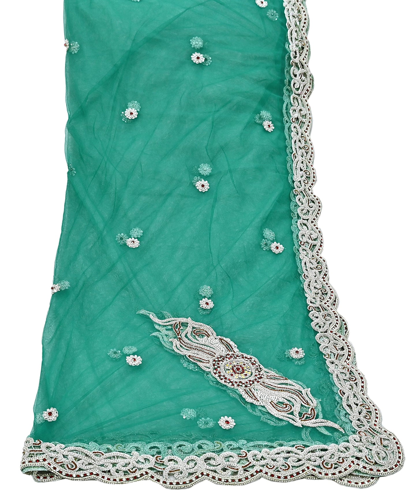 Indian Vintage Heavy Bridal Green Dupatta Net Mesh Long Stole Hand Embroidered Scarves Zardozi Dabka Zari Wedding dupatta veil hijab