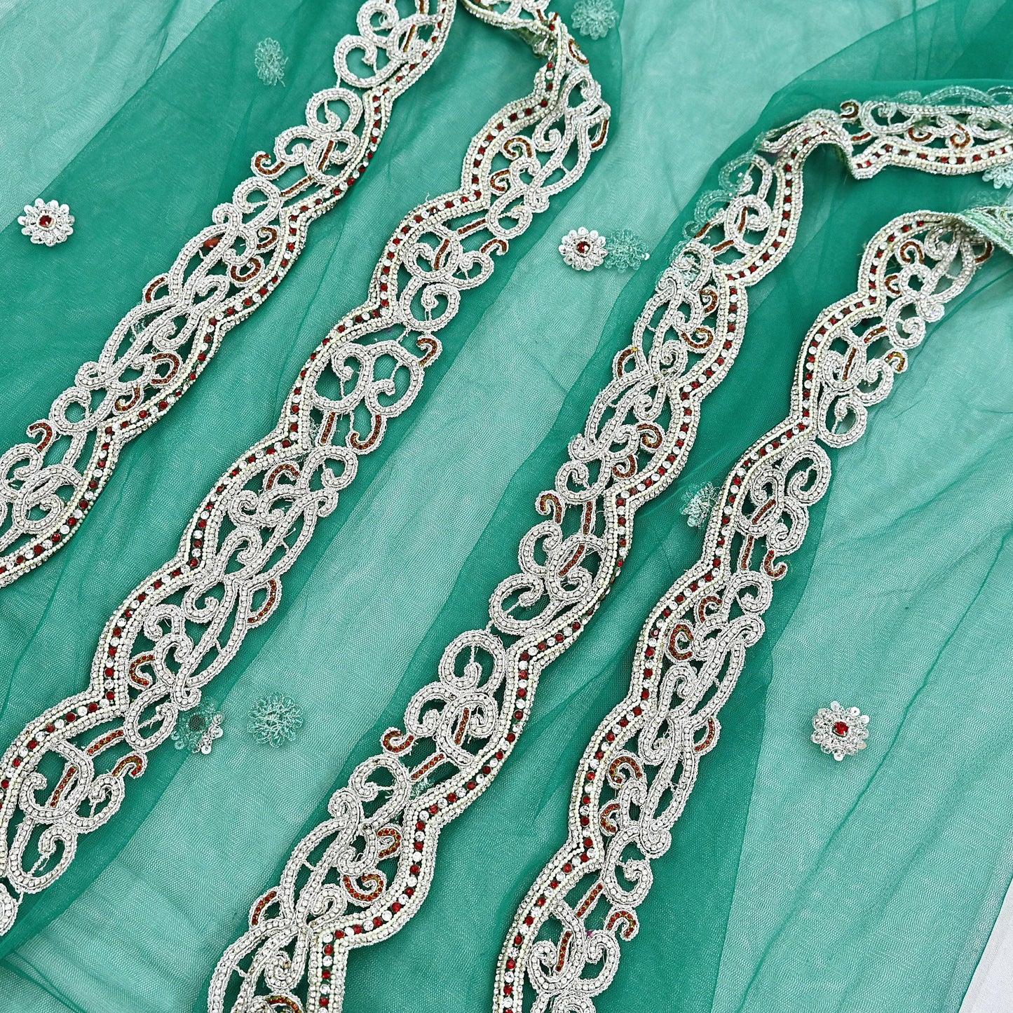 Indian Vintage Heavy Bridal Green Dupatta Net Mesh Long Stole Hand Embroidered Scarves Zardozi Dabka Zari Wedding dupatta veil hijab