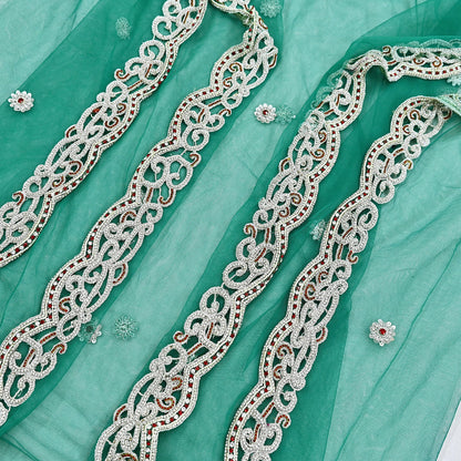 Indian Vintage Heavy Bridal Green Dupatta Net Mesh Long Stole Hand Embroidered Scarves Zardozi Dabka Zari Wedding dupatta veil hijab