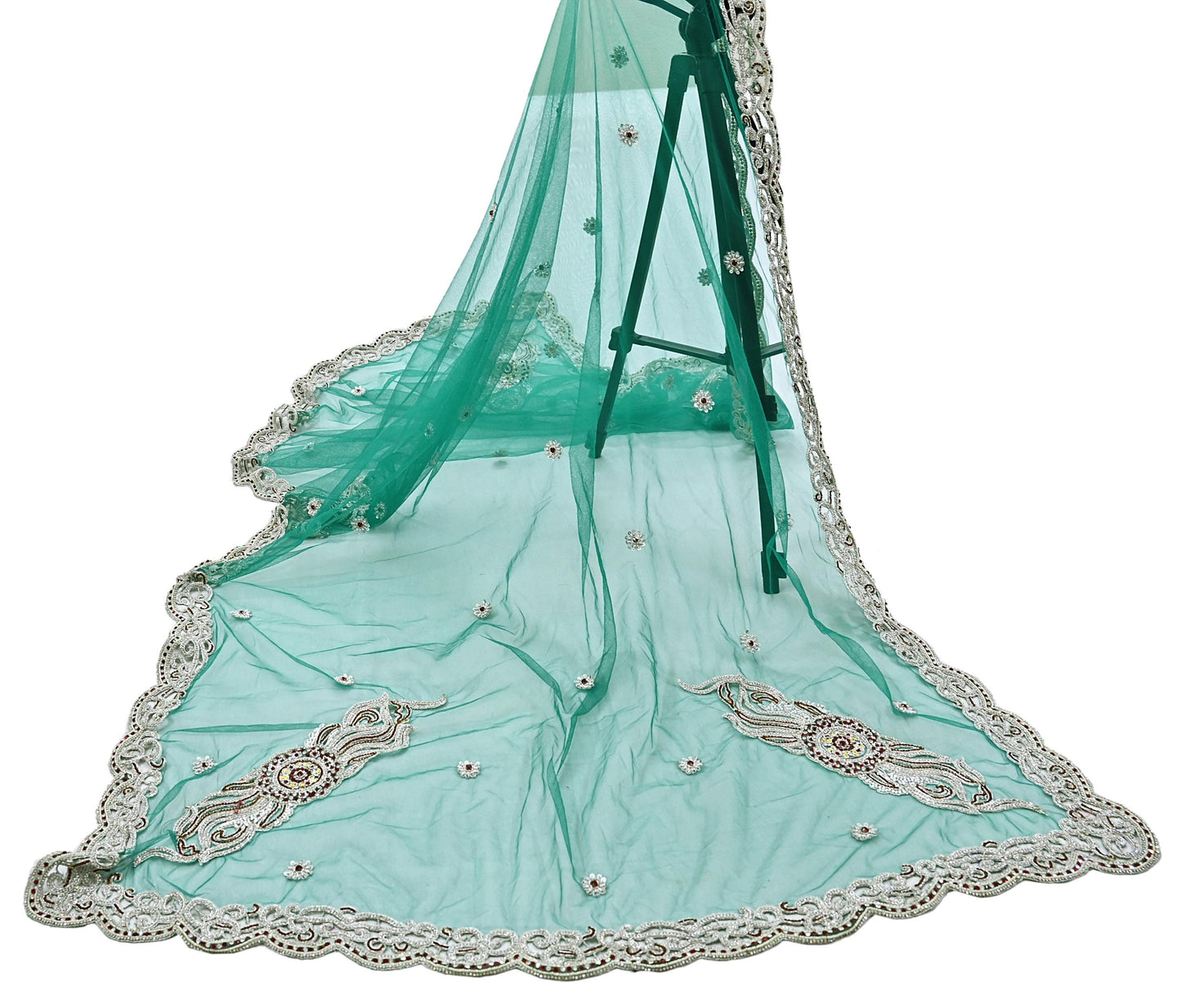 Indian Vintage Heavy Bridal Green Dupatta Net Mesh Long Stole Hand Embroidered Scarves Zardozi Dabka Zari Wedding dupatta veil hijab