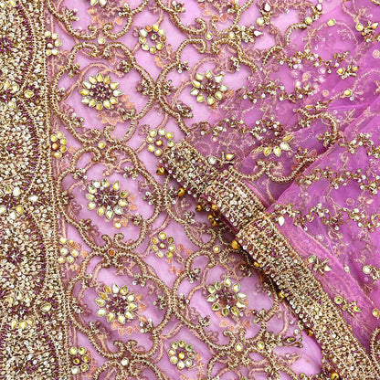 Indian Vintage Heavy Wedding Purple Dupatta Net Mesh Long Stole Hand Embroidered Scarf Zardozi Zari Sequins Stole Bridal Veil