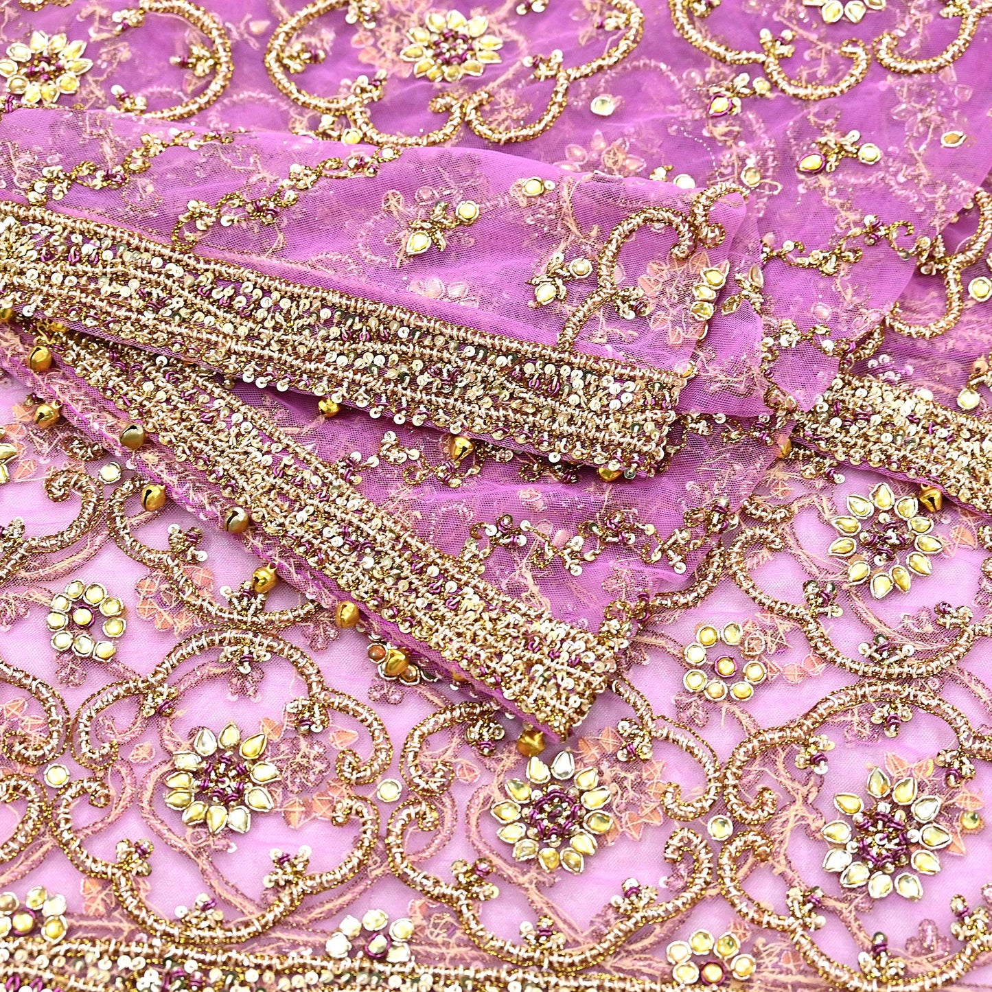 Indian Vintage Heavy Wedding Purple Dupatta Net Mesh Long Stole Hand Embroidered Scarf Zardozi Zari Sequins Stole Bridal Veil