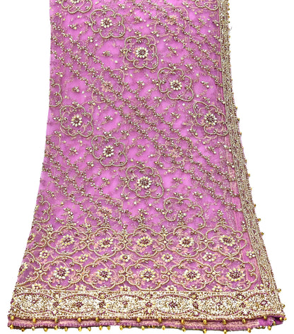 Indian Vintage Heavy Wedding Purple Dupatta Net Mesh Long Stole Hand Embroidered Scarf Zardozi Zari Sequins Stole Bridal Veil