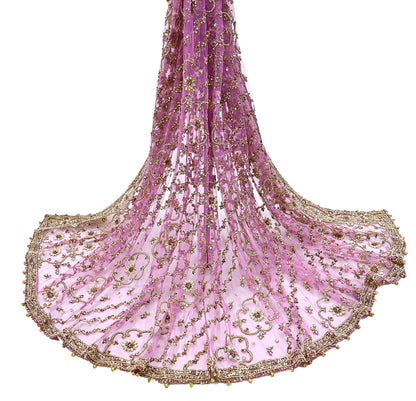 Indian Vintage Heavy Wedding Purple Dupatta Net Mesh Long Stole Hand Embroidered Scarf Zardozi Zari Sequins Stole Bridal Veil