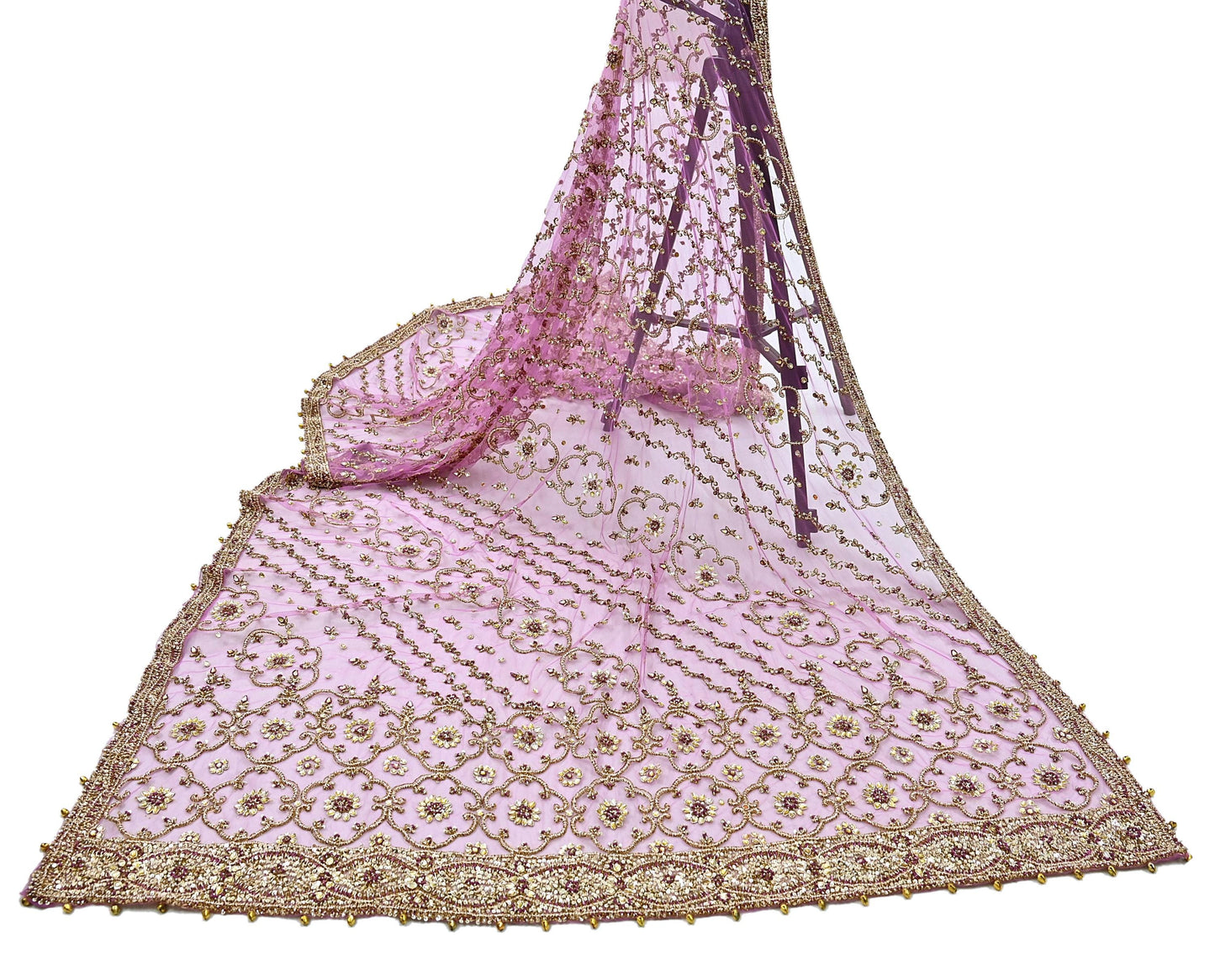 Indian Vintage Heavy Wedding Purple Dupatta Net Mesh Long Stole Hand Embroidered Scarf Zardozi Zari Sequins Stole Bridal Veil