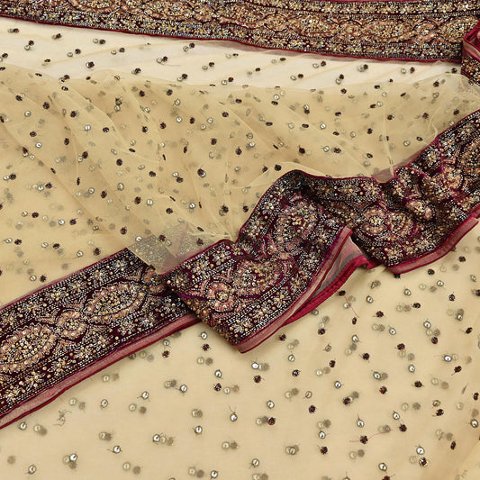 Indian Vintage Heavy Sari Beige Net/Mesh Hand Embroidered Sarees Craft Fabric 6Yd Sewing Soft Zardozi Wedding sarees