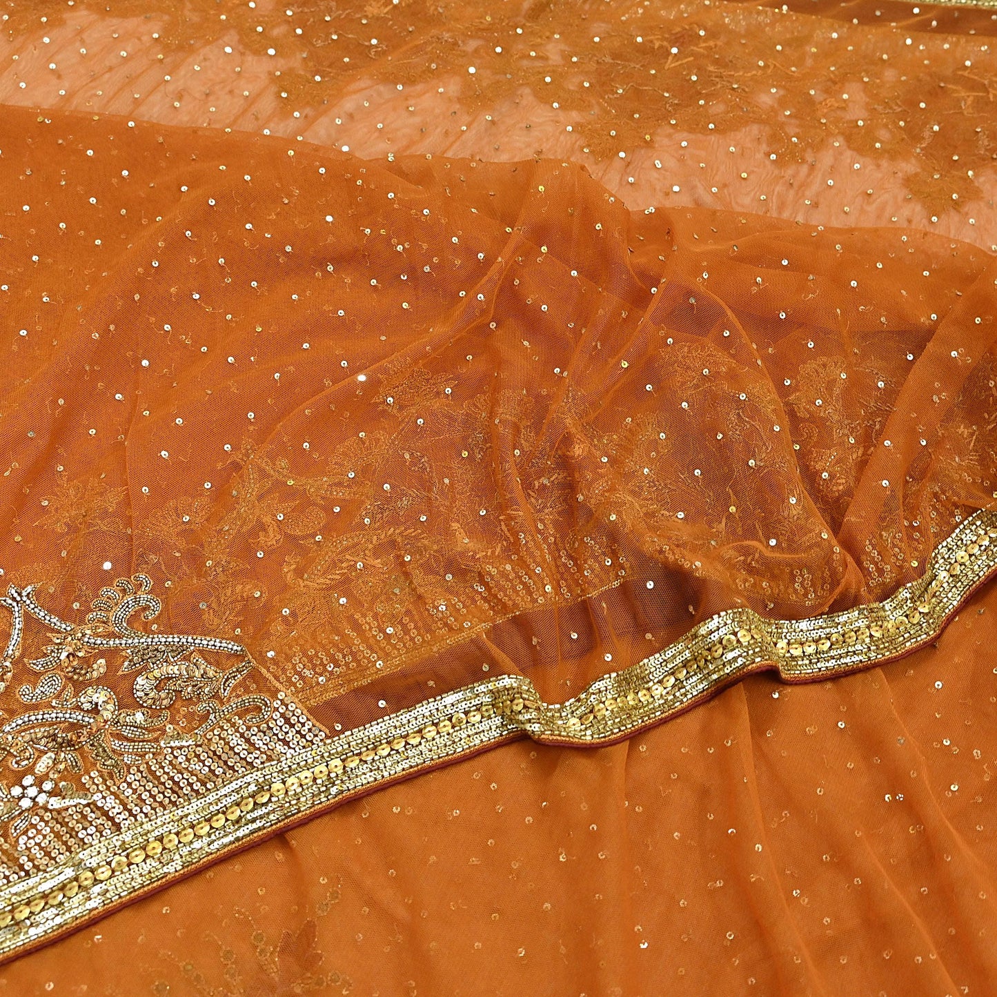 Indian Vintage Heavy Sari Saffron Net/Mesh Hand Embroidered Sarees Craft Fabric 6Yd Sewing Soft Zardozi Wedding sarees With Blouse fabric