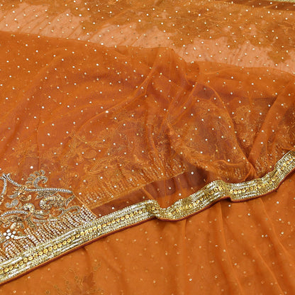 Indian Vintage Heavy Sari Saffron Net/Mesh Hand Embroidered Sarees Craft Fabric 6Yd Sewing Soft Zardozi Wedding sarees With Blouse fabric