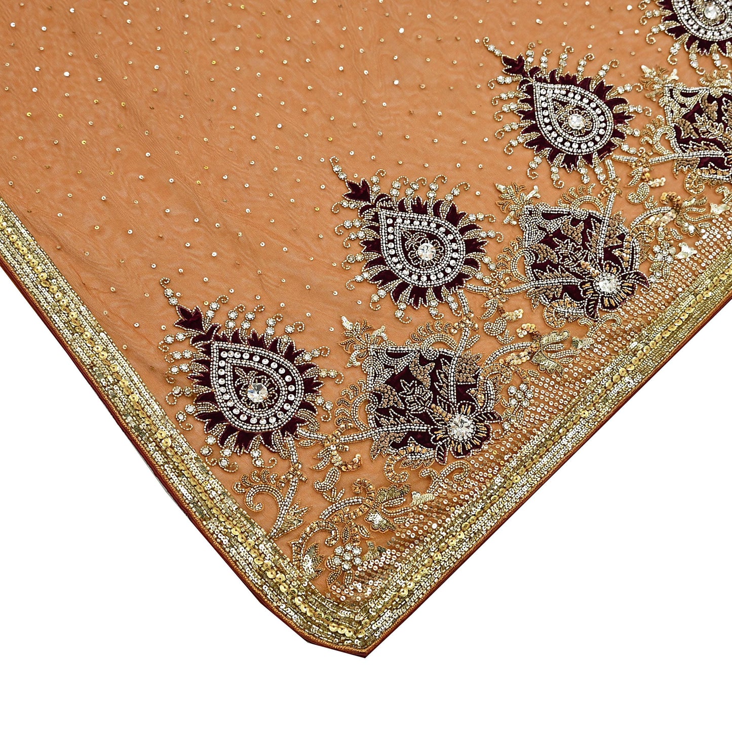 Indian Vintage Heavy Sari Saffron Net/Mesh Hand Embroidered Sarees Craft Fabric 6Yd Sewing Soft Zardozi Wedding sarees With Blouse fabric