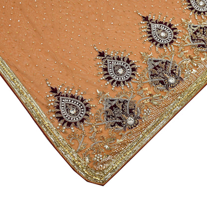 Indian Vintage Heavy Sari Saffron Net/Mesh Hand Embroidered Sarees Craft Fabric 6Yd Sewing Soft Zardozi Wedding sarees With Blouse fabric