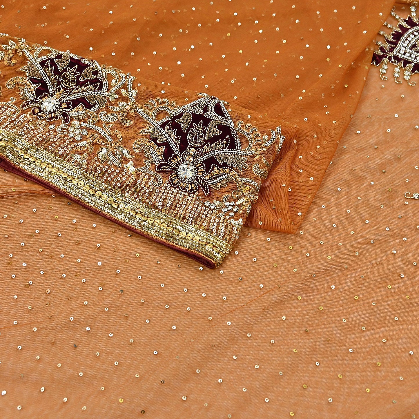 Indian Vintage Heavy Sari Saffron Net/Mesh Hand Embroidered Sarees Craft Fabric 6Yd Sewing Soft Zardozi Wedding sarees With Blouse fabric
