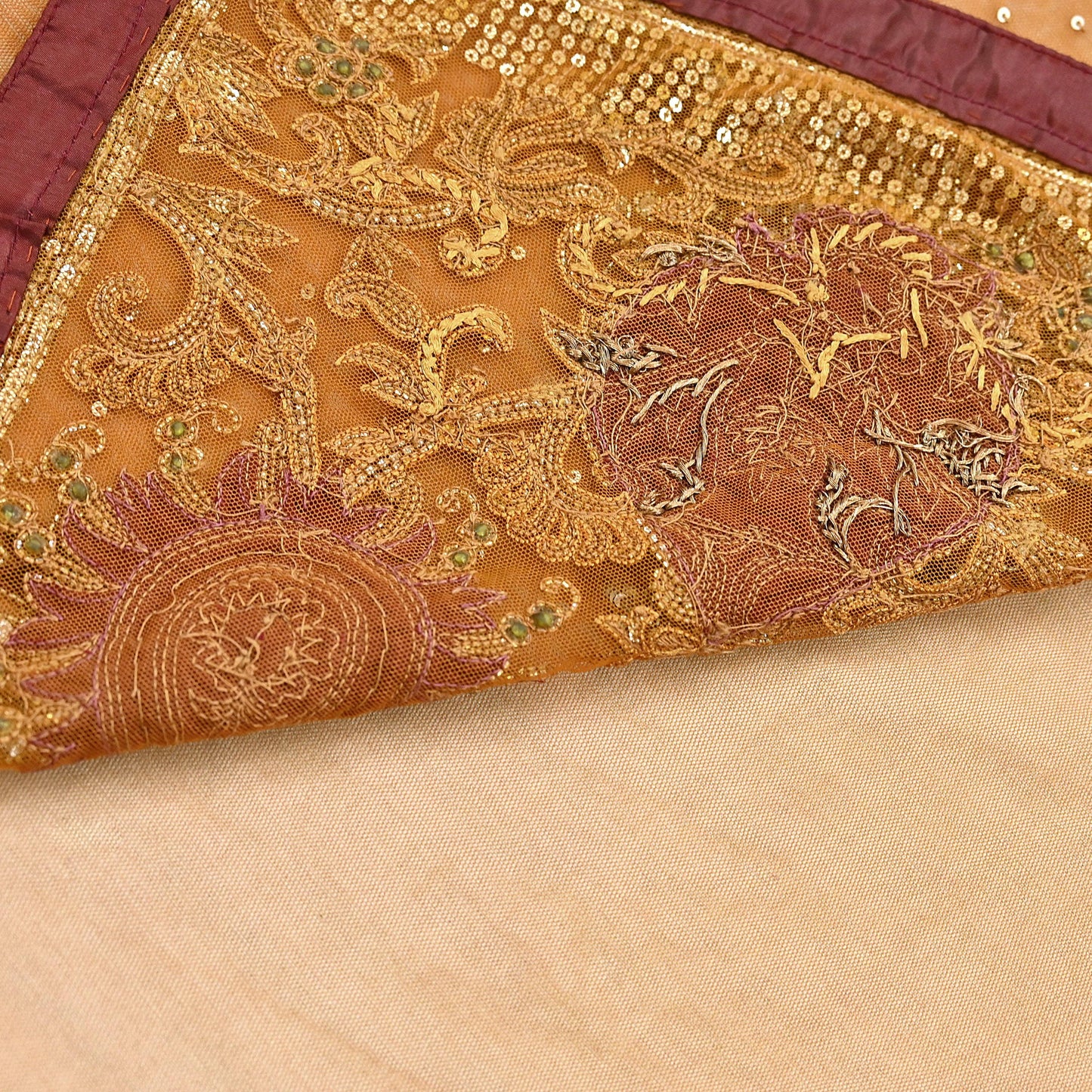 Indian Vintage Heavy Sari Saffron Net/Mesh Hand Embroidered Sarees Craft Fabric 6Yd Sewing Soft Zardozi Wedding sarees With Blouse fabric