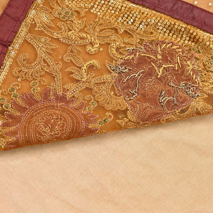 Indian Vintage Heavy Sari Saffron Net/Mesh Hand Embroidered Sarees Craft Fabric 6Yd Sewing Soft Zardozi Wedding sarees With Blouse fabric