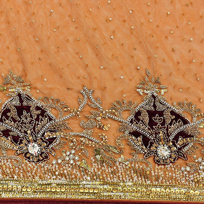 Indian Vintage Heavy Sari Saffron Net/Mesh Hand Embroidered Sarees Craft Fabric 6Yd Sewing Soft Zardozi Wedding sarees With Blouse fabric