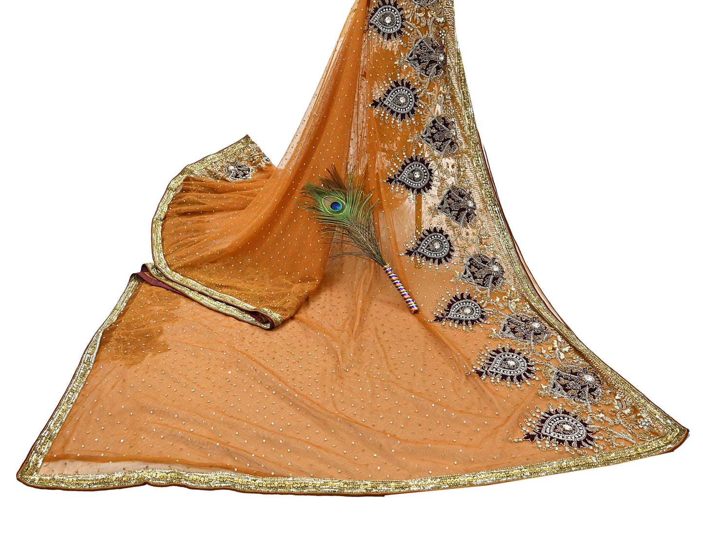 Indian Vintage Heavy Sari Saffron Net/Mesh Hand Embroidered Sarees Craft Fabric 6Yd Sewing Soft Zardozi Wedding sarees With Blouse fabric