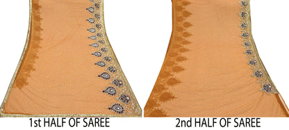 Indian Vintage Heavy Sari Saffron Net/Mesh Hand Embroidered Sarees Craft Fabric 6Yd Sewing Soft Zardozi Wedding sarees With Blouse fabric
