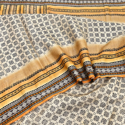 Indian Vintage Saree Ivory & Saffron Pure Khadi Silk Handloom Hand woven Sari Fabric 5yard Ethnic Dressmaking Crafting Upcycle Quilting