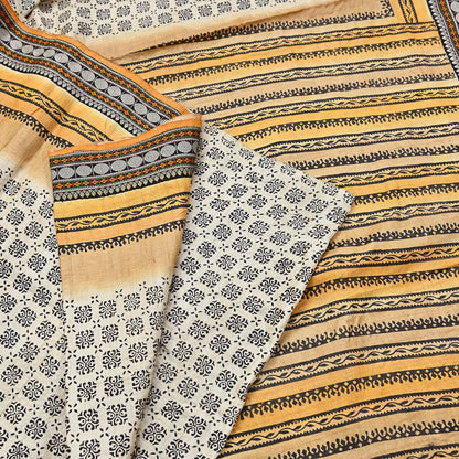 Indian Vintage Saree Ivory & Saffron Pure Khadi Silk Handloom Hand woven Sari Fabric 5yard Ethnic Dressmaking Crafting Upcycle Quilting