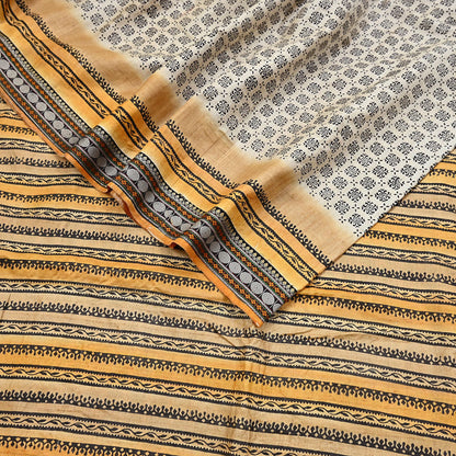 Indian Vintage Saree Ivory & Saffron Pure Khadi Silk Handloom Hand woven Sari Fabric 5yard Ethnic Dressmaking Crafting Upcycle Quilting