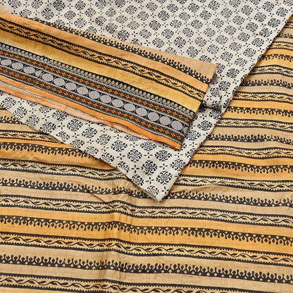 Indian Vintage Saree Ivory & Saffron Pure Khadi Silk Handloom Hand woven Sari Fabric 5yard Ethnic Dressmaking Crafting Upcycle Quilting
