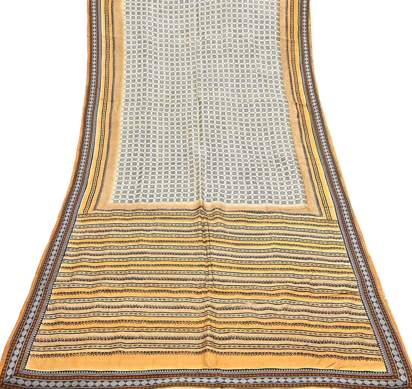 Indian Vintage Saree Ivory & Saffron Pure Khadi Silk Handloom Hand woven Sari Fabric 5yard Ethnic Dressmaking Crafting Upcycle Quilting