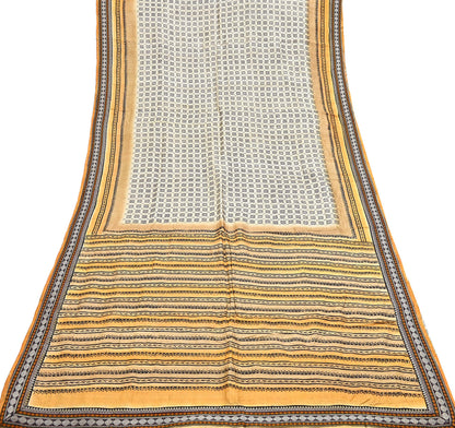 Indian Vintage Saree Ivory & Saffron Pure Khadi Silk Handloom Hand woven Sari Fabric 5yard Ethnic Dressmaking Crafting Upcycle Quilting
