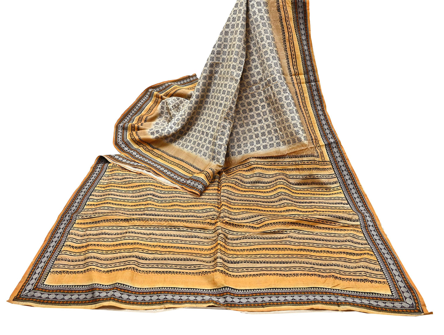 Indian Vintage Saree Ivory & Saffron Pure Khadi Silk Handloom Hand woven Sari Fabric 5yard Ethnic Dressmaking Crafting Upcycle Quilting