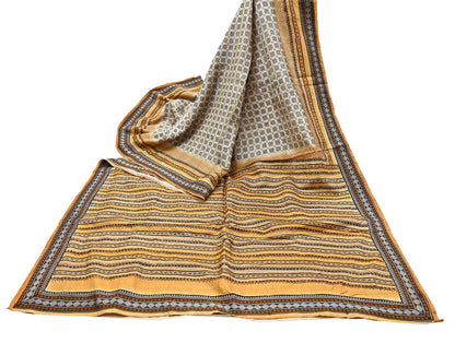 Indian Vintage Saree Ivory & Saffron Pure Khadi Silk Handloom Hand woven Sari Fabric 5yard Ethnic Dressmaking Crafting Upcycle Quilting
