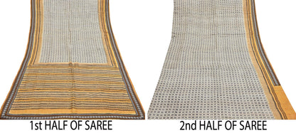 Indian Vintage Saree Ivory & Saffron Pure Khadi Silk Handloom Hand woven Sari Fabric 5yard Ethnic Dressmaking Crafting Upcycle Quilting