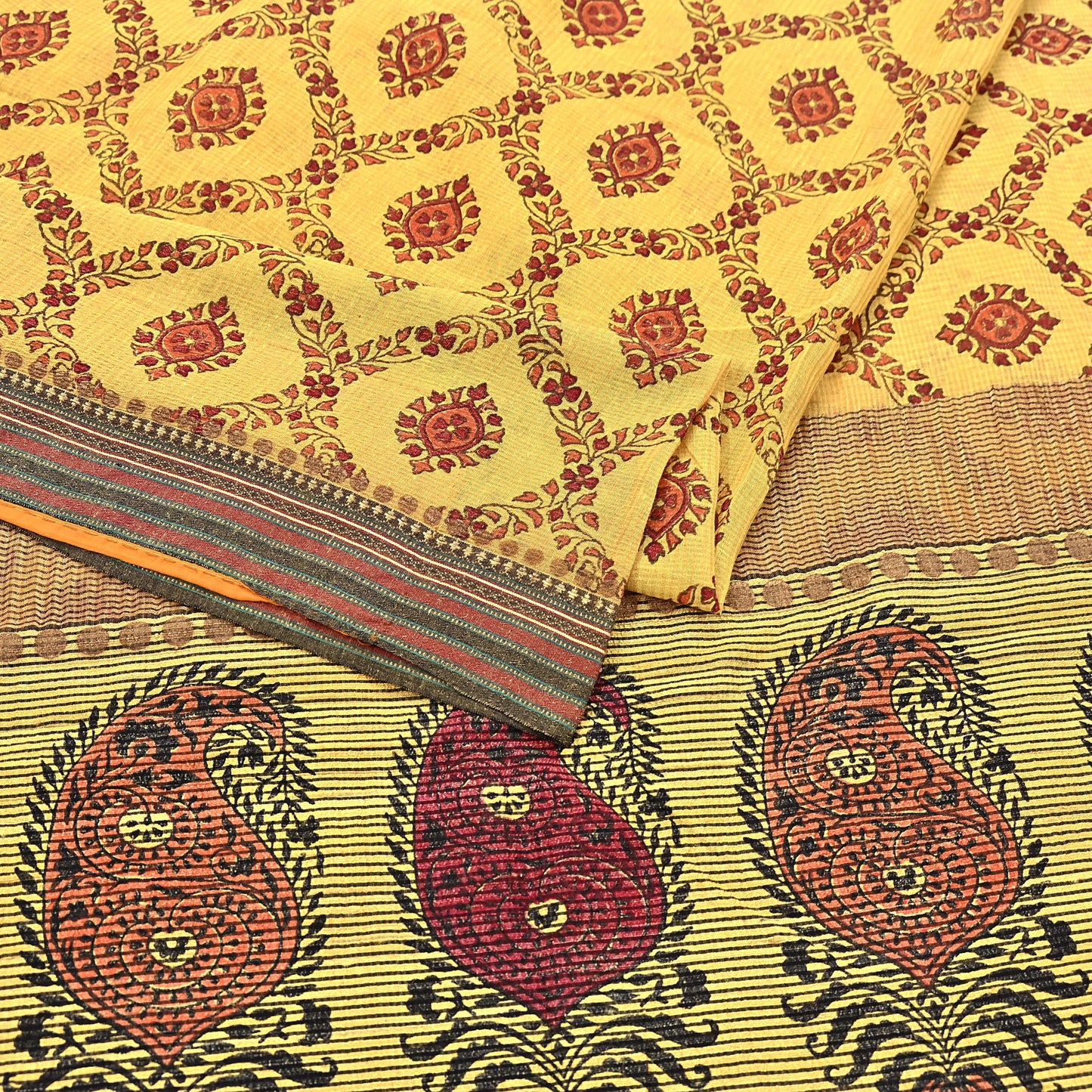Vintage Yellow Khadi Silk Saree Handloom Pure Silk Printed Fabric 6Yd Indian Ethnic Craft Material Dressmaking Textile