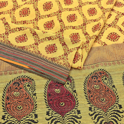 Vintage Yellow Khadi Silk Saree Handloom Pure Silk Printed Fabric 6Yd Indian Ethnic Craft Material Dressmaking Textile