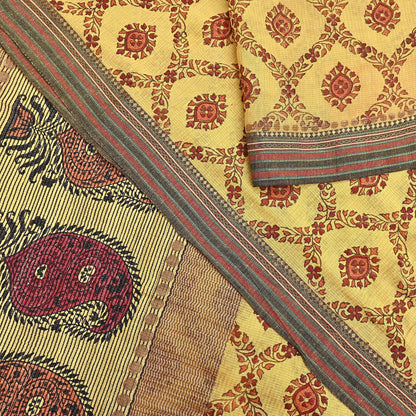 Vintage Yellow Khadi Silk Saree Handloom Pure Silk Printed Fabric 6Yd Indian Ethnic Craft Material Dressmaking Textile