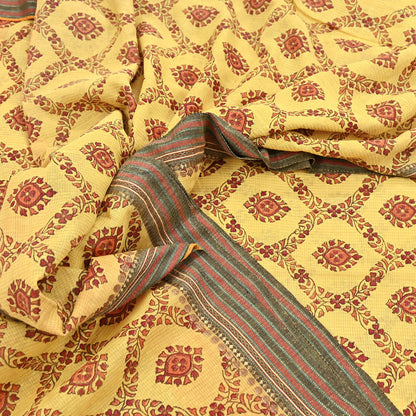 Vintage Yellow Khadi Silk Saree Handloom Pure Silk Printed Fabric 6Yd Indian Ethnic Craft Material Dressmaking Textile