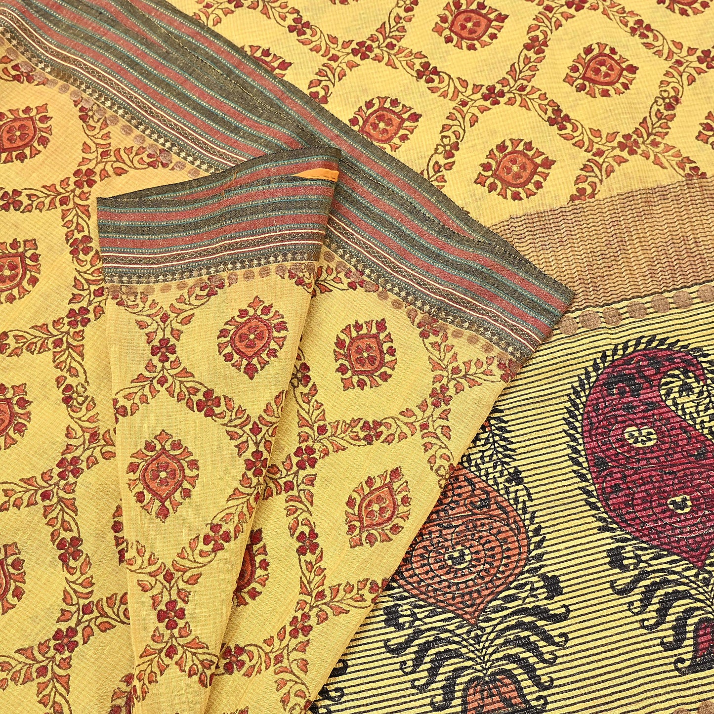Vintage Yellow Khadi Silk Saree Handloom Pure Silk Printed Fabric 6Yd Indian Ethnic Craft Material Dressmaking Textile